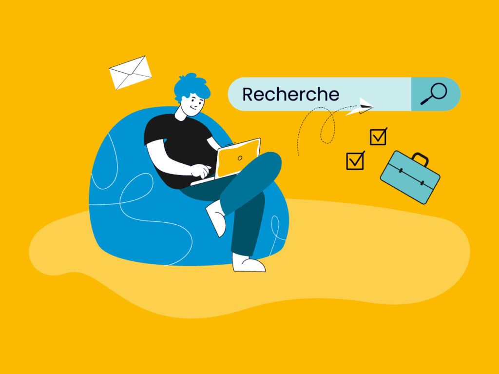 illustration un personnage cherche une offre d'emploi sur son ordinateur